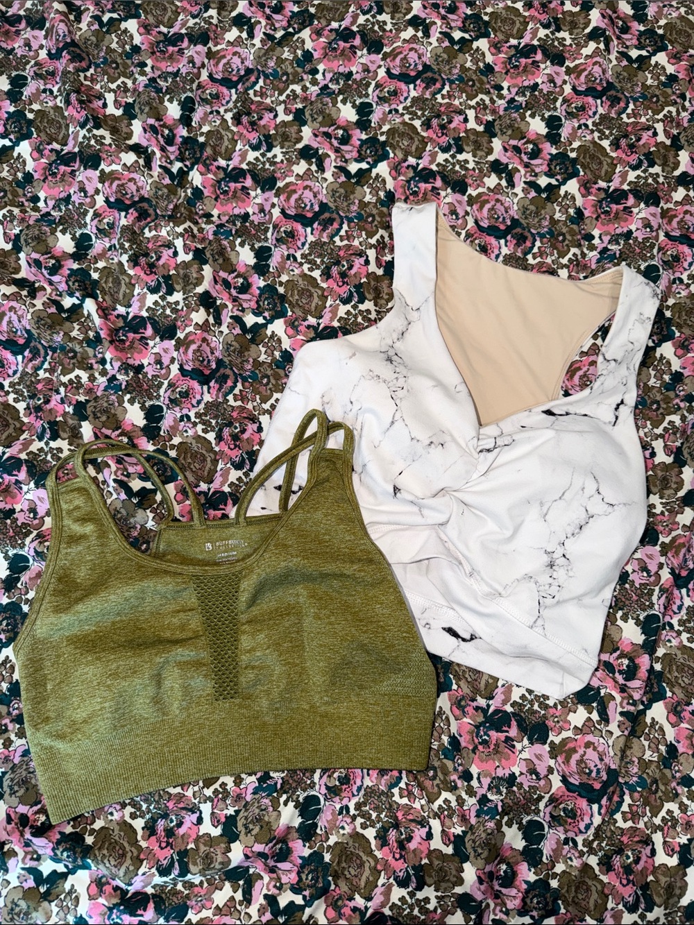 BuffBunny Olive Green Sports Bra & Marble White Ruched Bodysuit Set